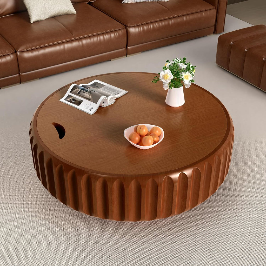 Round Coffee Tables with Storage Fluted Drum Coffee Table with Solid Wood Relief, Modern Circle Wooden Coffee Tables Brown Center Table Accent Tea Table for Living Room Apartment (Round 31.5'')