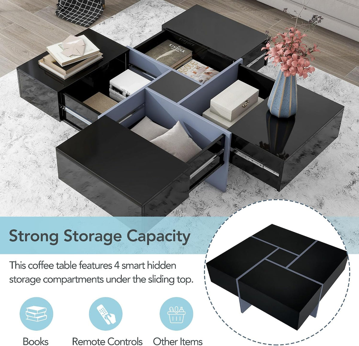 31.5' Black Square Coffee Table with 4 Hidden Storage Compartments, UV High-Gloss Design Wooden Center Table Cocktail Table for Living Room