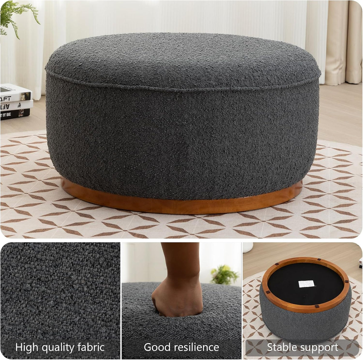 Round Ottoman Coffee Table 30' Premium Fabric upholstered Coffee Table with high Density Foam and Solid Wood Frame, Stylish and Practical Living Room Furniture, Grey