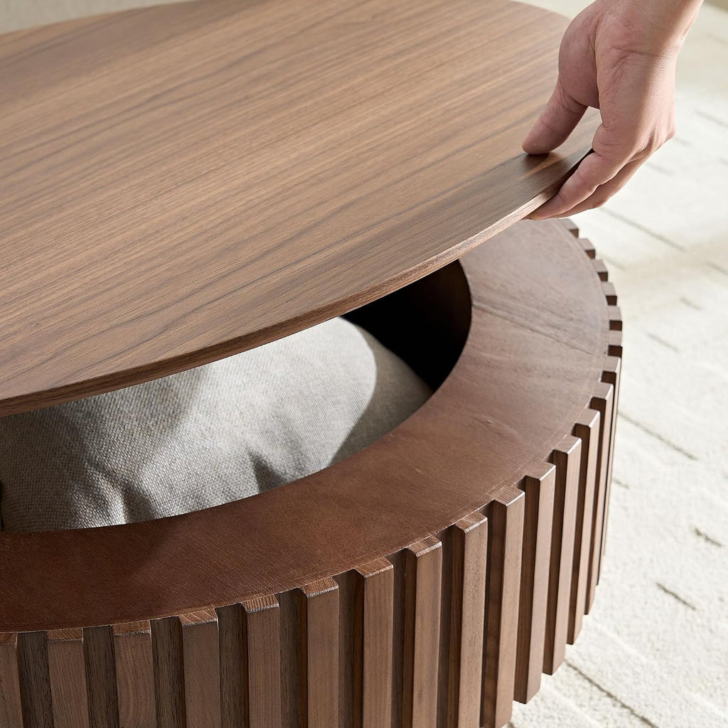 JUSTONE 31.5 Inch Round Farmhouse Coffee Table with Storage, Sturdy Pedestal Base Living Room Center Table for Lounge, Office, Apartment, Walnut