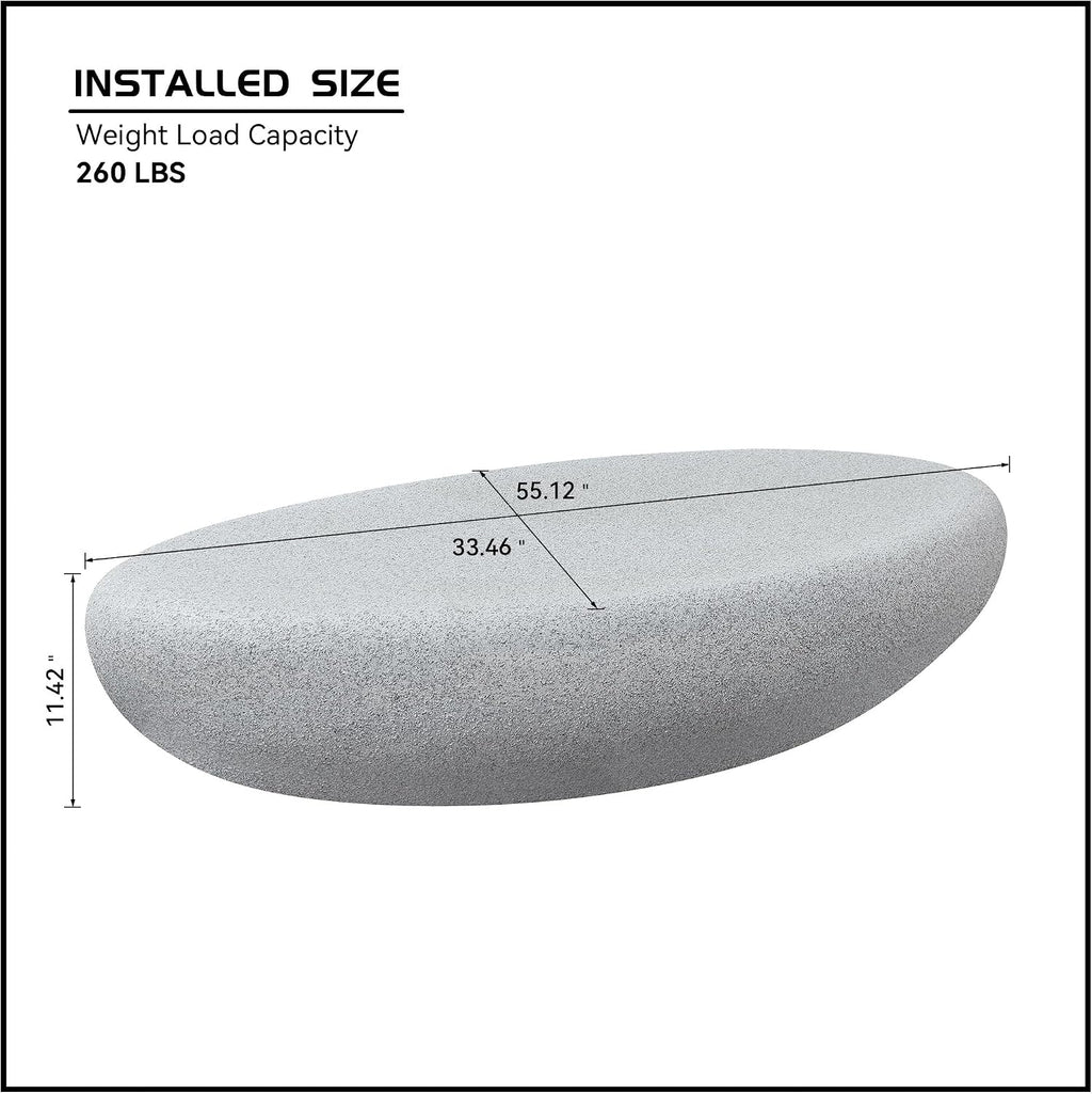 55.12' Faux Stone Coffee Table Modern Unique Coffee Table Oval Rock Center Tables Round Edge Design Fiberglass Concrete Accent Tables for Living Room Office Apartment No Assembly, Cement