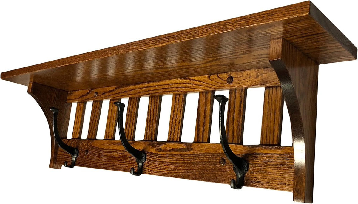 Rustic Red Door Co. Mission Style Coat Rack Wall Mounted with Shelf, Entryway Wooden Hanger with 3 Wrought Iron Hooks for Jacket, Towel or Hat, Farmhouse Decor, 32.5', Oak Wood, Michaels Stain