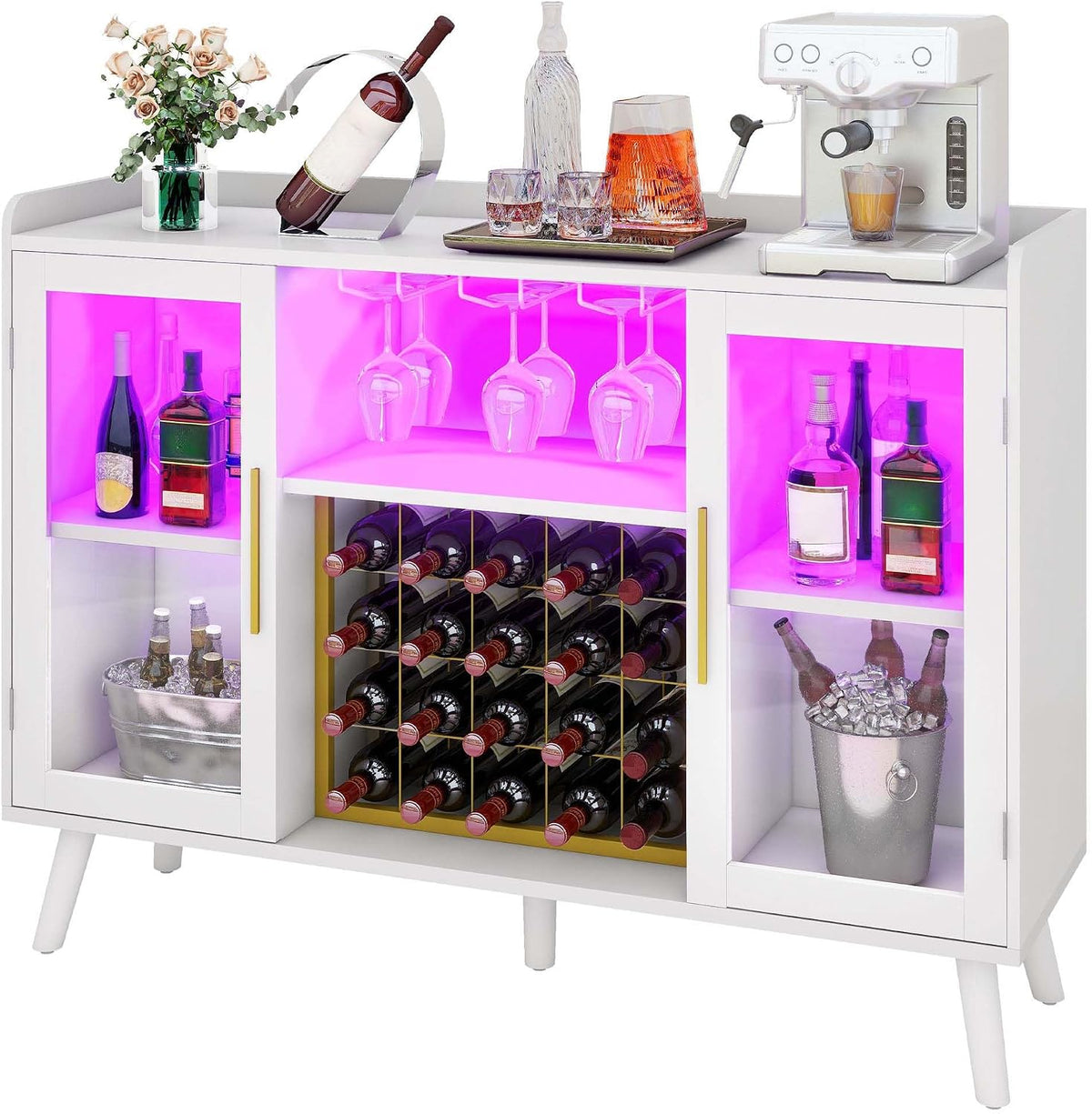 DWVO Wine Bar Cabinet with Led Lights & Power Outlets, 53' Coffee Bar Cabinet for Liquor and Glasses, Modern Buffet Sideboard with Storage for Kitchen, Dining & Living Room, White