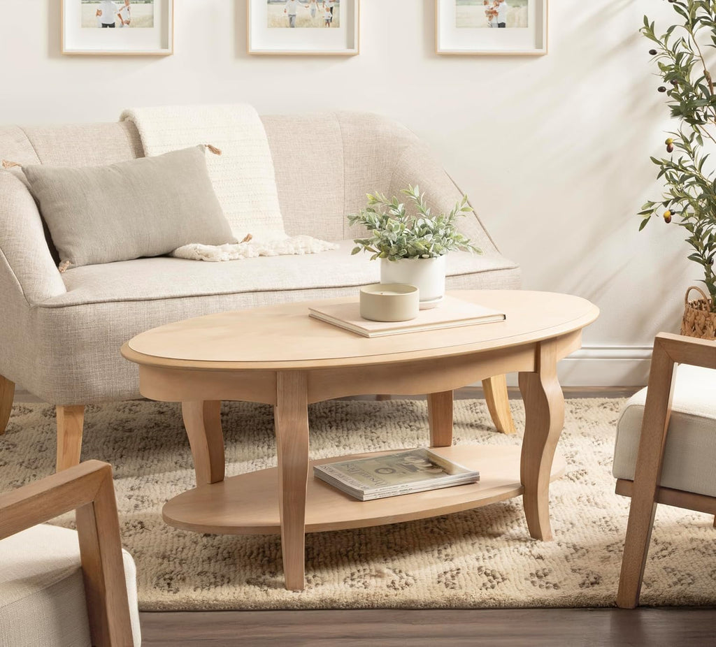 Kate and Laurel Sutherlin Vintage Tiered Oval Coffee Table, 42 x 22 x 19, Light Natural, Traditional Two-Tier Oval Living Room Table with Storage for Use as Useful Home Decor Option