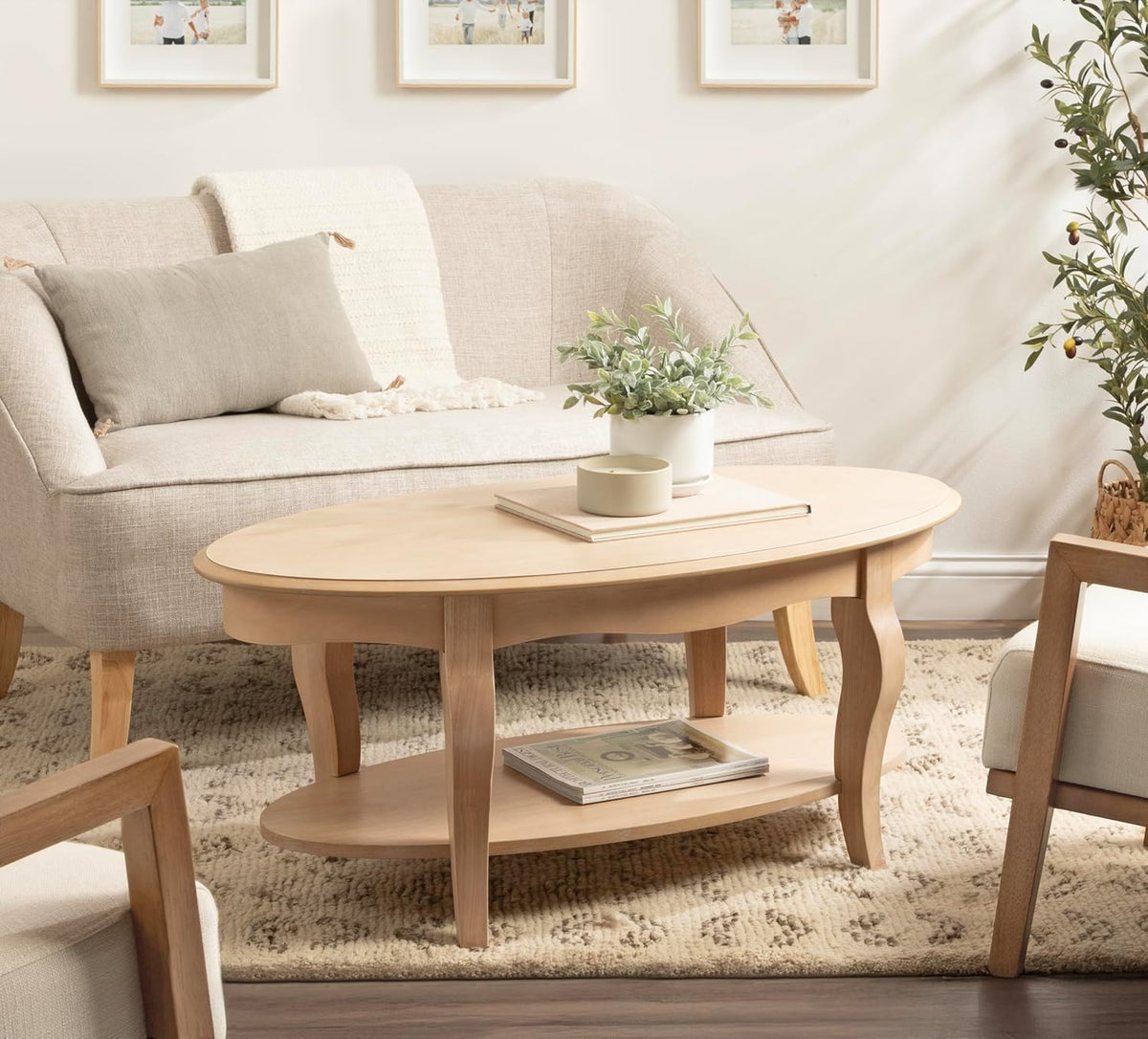 Kate and Laurel Sutherlin Vintage Tiered Oval Coffee Table, 42 x 22 x 19, Light Natural, Traditional Two-Tier Oval Living Room Table with Storage for Use as Useful Home Decor Option