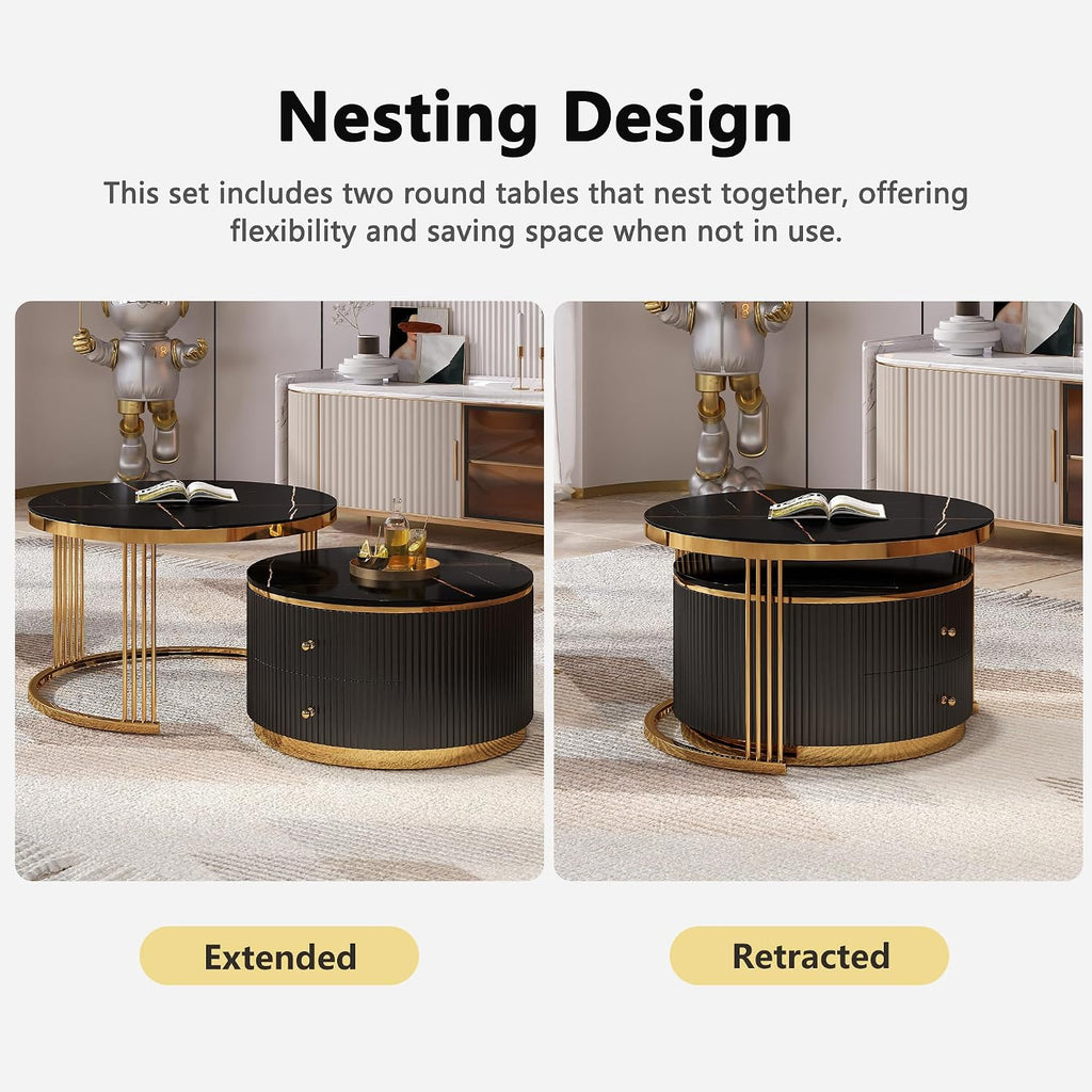 27.6' Black Nesting Coffee Table Set of 2, Modern Round White Coffee Table for Living Room with Storage Drawer Marble Tabletop End Side Table for Bedroom