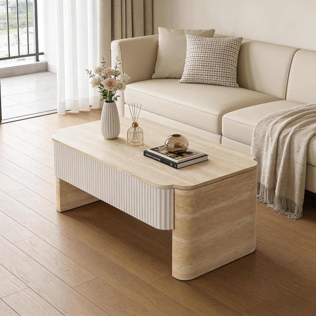 39' Lift Top Coffee Table with Hidden Storage, Faux Marble Lift Pull Up Tabletop for Living Room, Modern Wooden Rectangular Coffee Table, Beige Mars Pattern