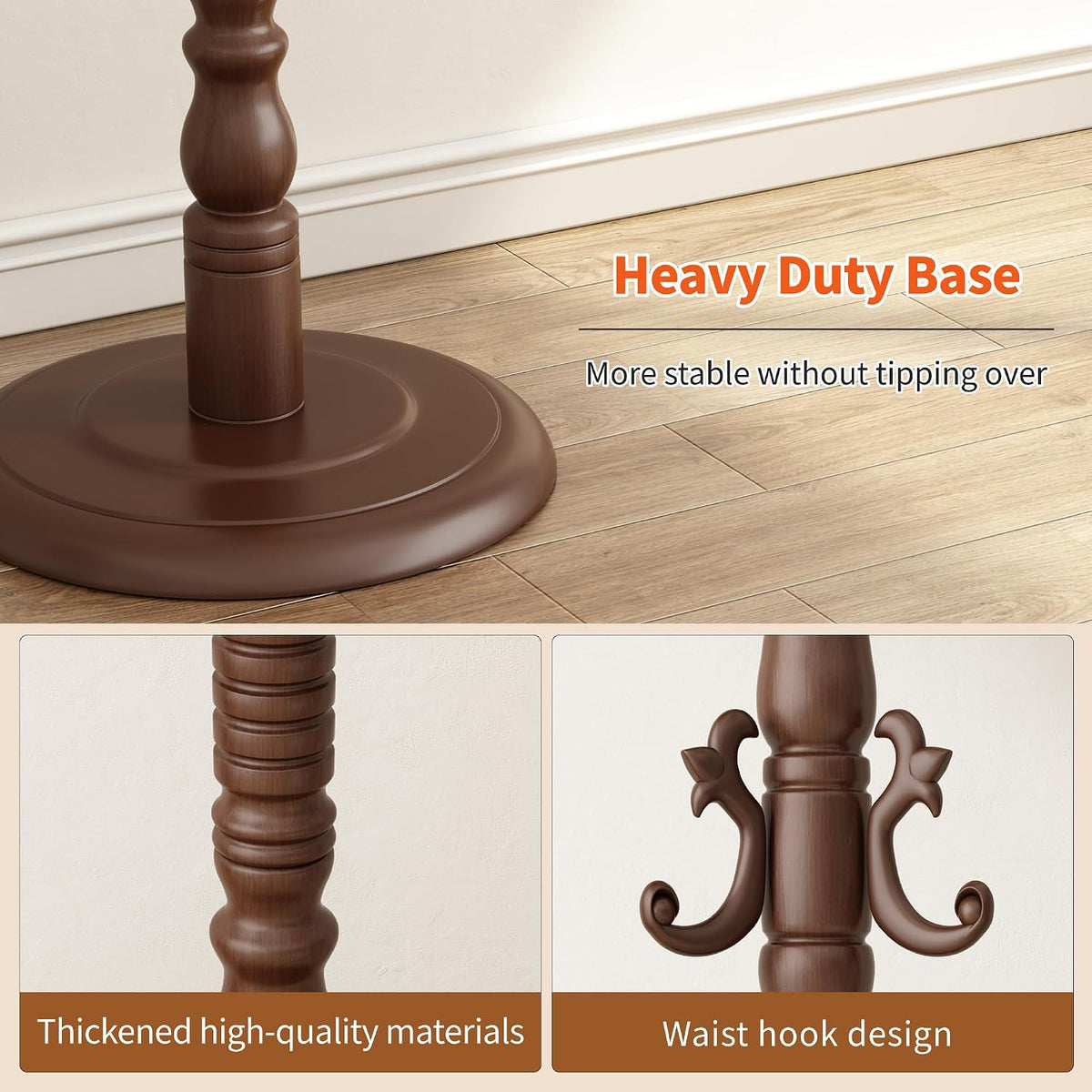 Wood Coat Rack Stand Wooden Coat Rack Freestanding Hall Coat Tree with Sturdy Round Base and 14 Hooks for Hats Bags Purses Vintage Coat Tree Hanger Stand for Entryway Hallway Bedroom, Brown