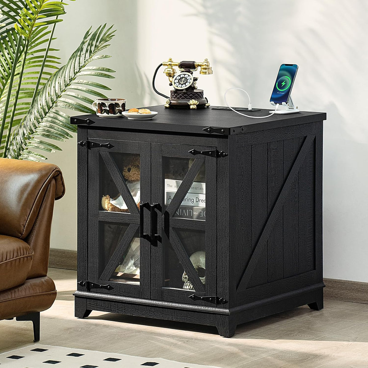 Joaxswe Farmhouse End Table with Charging Station, 24' Large Sofa Side Table with Glass Barn Door,Black Nightstand with Adjustable Storage Shelf,Wood Square Bedside Table for Living Room,Bedroom
