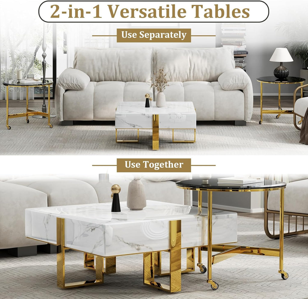 BQueen White Faux Marble Coffee Table with Polished Gold Base for Living Room Apartment Office