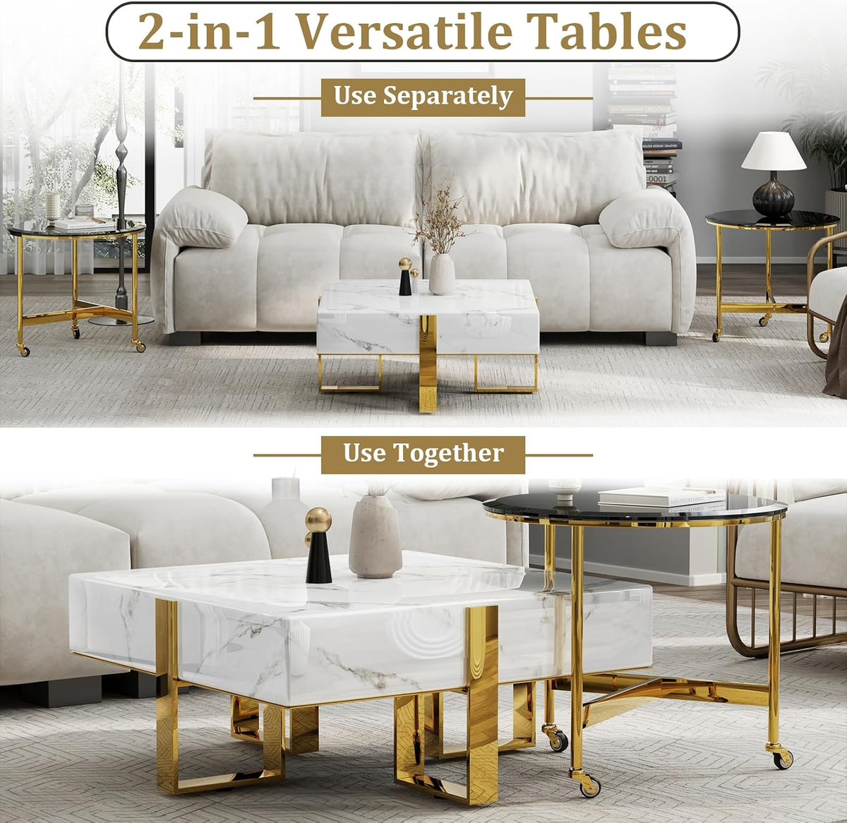 BQueen White Faux Marble Coffee Table with Polished Gold Base for Living Room Apartment Office