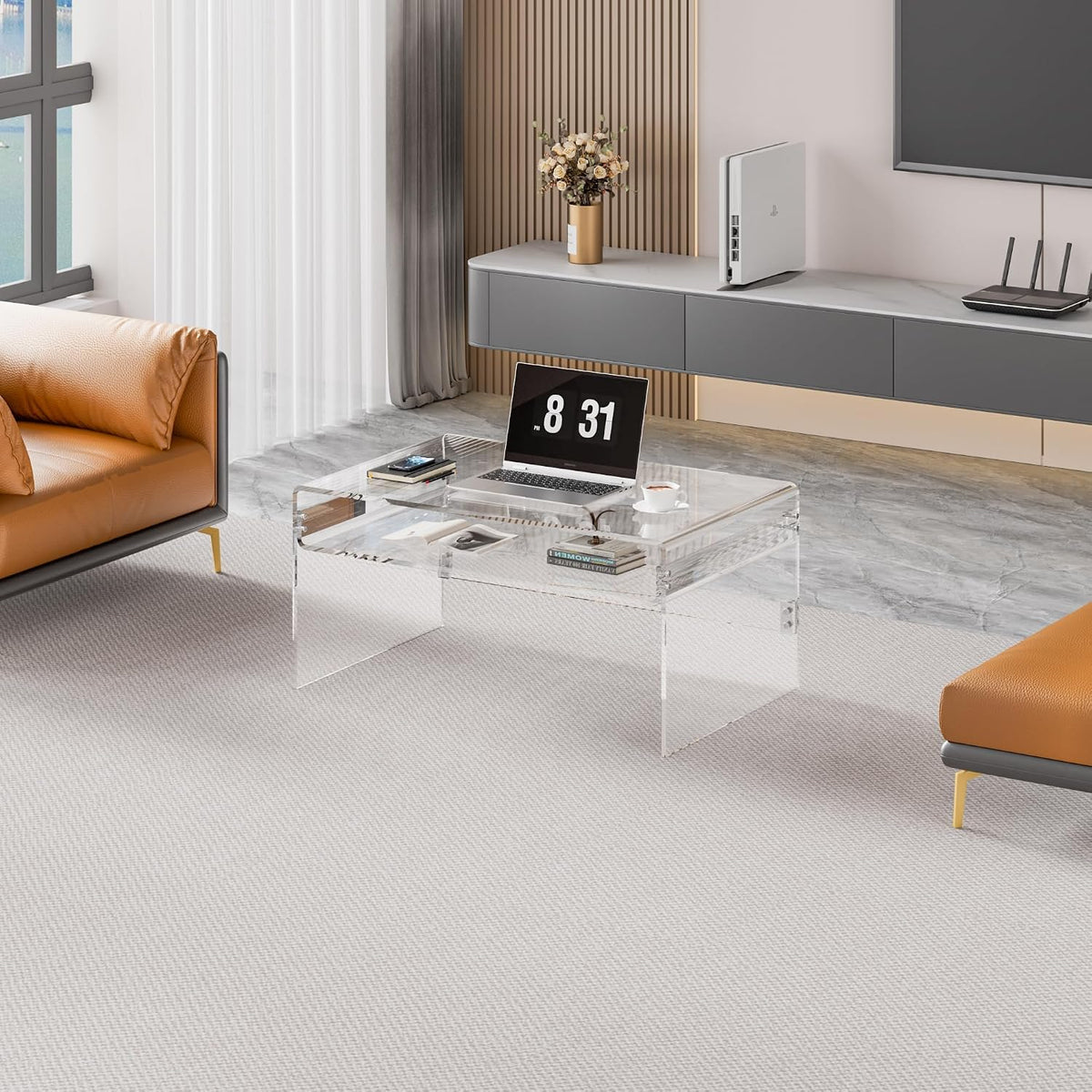 2-Tier Premium Acrylic Coffee Table, 31.5' D x 19.7' W x 15' H x 3/5'' Thick Clear Acrylic Coffee Table with Open Storage Shelf, Modern Clear Rectangle Coffee Table for Living Room, Office and Bedroom