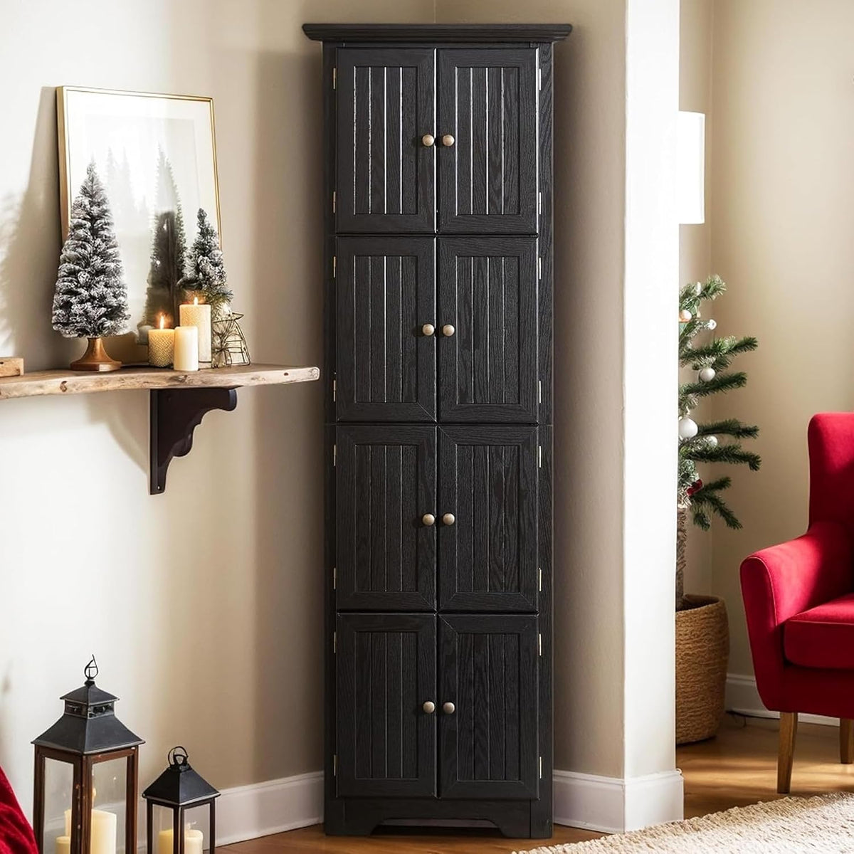 72' H Farmhouse Corner Storage Cabinet with 8 Doors & 4 Shelves, 4 Tier Kitchen Corner Pantry Cabinet Wooden Organizer Case Bookshelf, Home Space Saver Cabinet for Kitchen,Living Room(Black)
