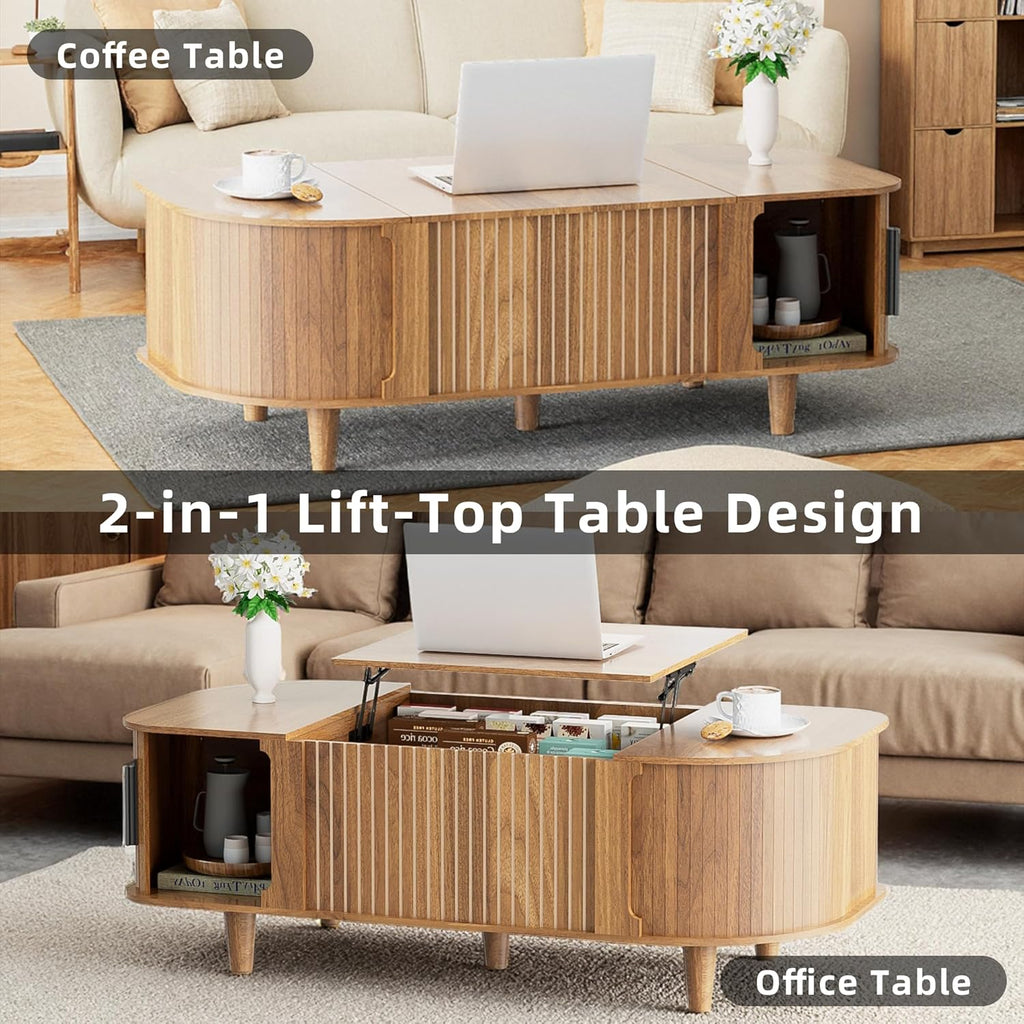 Lift Top Coffee Table, Oval Mid Century Modern Center Table with 3 Hidden Storage, 41' Coffee Tables with Sliding Door and Open Cabinet for Living Room Bedroom Office, Walnut Wood
