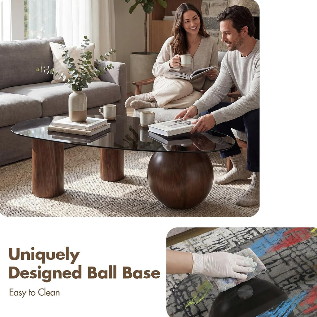 Hyfirm 55' Irregular Cloud Glass Coffee Table, Modern Black Tempered Glass Top with Walnut Finished Legs, Accent Center Table for Living Room & Bedroom