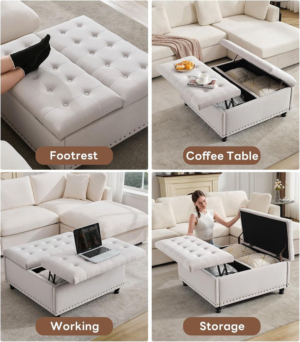 Tbfit 35.5'' Large Square Storage Ottoman, Oversized Coffee Table with Lift Top & Solid Wood Legs, Transitional Tufted Upholstered Ottomans Bench for Living Room, Linen Foot Stool for Dorm, Beige