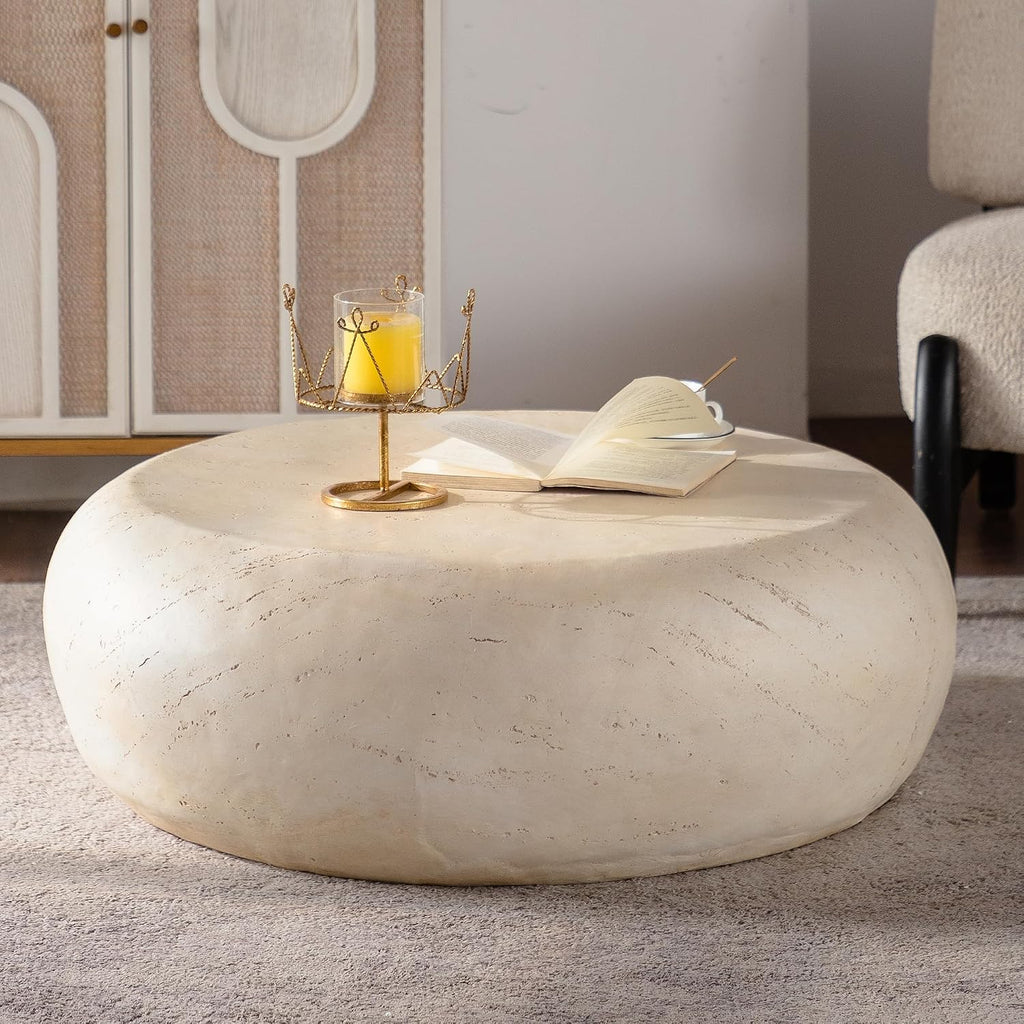 ø35.43'' Faux Stone Coffee Table Round Circle Drum Coffee Table for Living Room, Modern Contemporary Sturdy MGO (Magnesium Oxide) Material, No Assembly, Beige