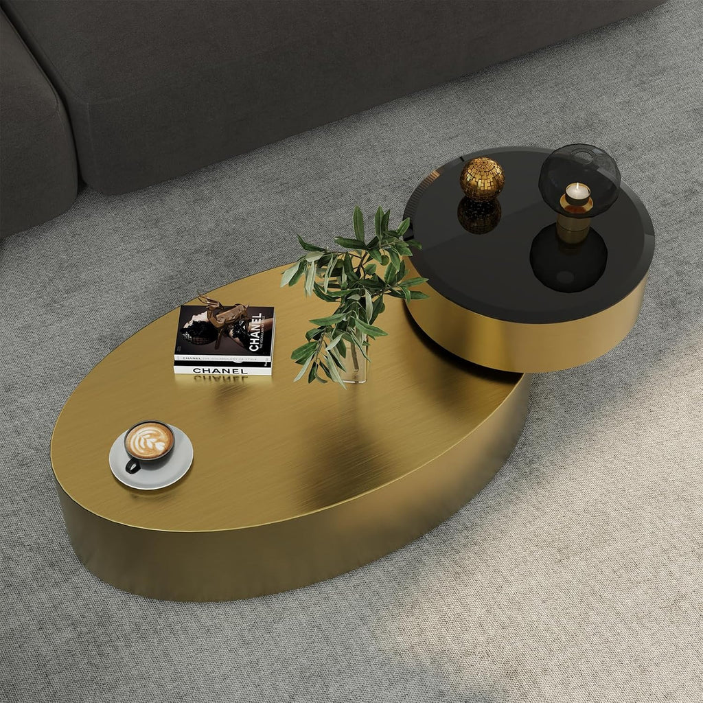 Oval Rotating Coffee Table with Tempered Glass Top, 2-Tier Design & 360° Swivel Base, Brushed Gold Finish - Modern Center Table for Living Room, Office, Apartment