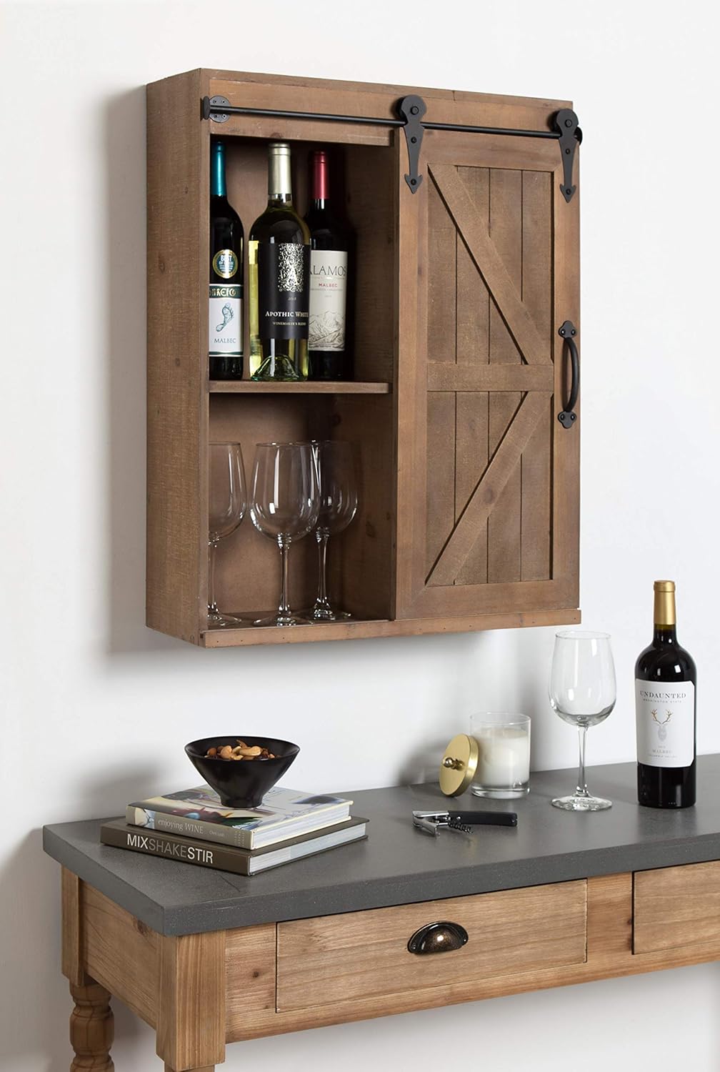 Kate and Laurel Cates Wood Wall Storage Cabinet with Sliding Barn Door; 22 x 9 x 28; Rustic Brown; Decorative Farmhouse Over the Toilet Cabinet with Three Shelves for Bathroom or Kitchen Storage