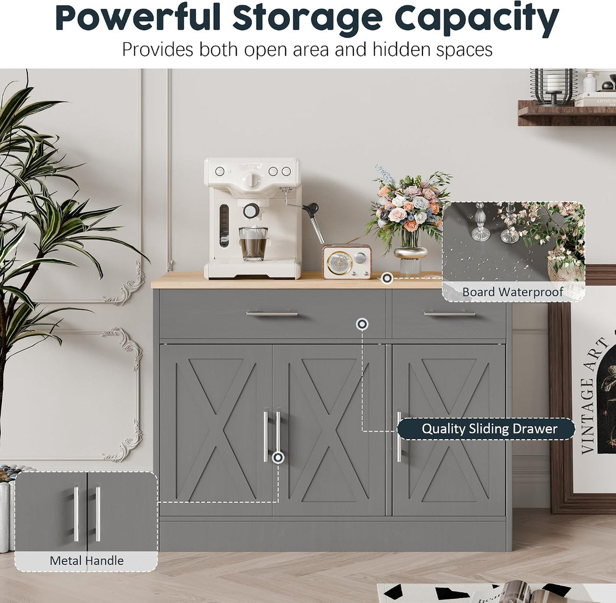 SUNLEI Kitchen Buffet Sideboard Cabinet, Wooden Storage with 3 Doors and 2 Drawers, Adjustable Shelf, Modern Farmhouse Coffee Bar Cabinet with Storage for Kitchen/Laundry/Living Room,Grey