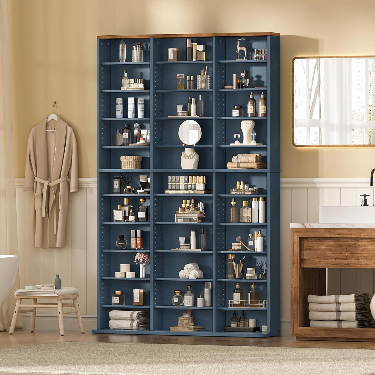 LELELINKY 11 Tier Tall Display Cabinet, Media Storage Cabinet with Adjustable Shelves, Free Standing DVD Organizer Shelf, Floor Multimedia Storage Manga Bookshelf for Living Room & Home Office,Blue