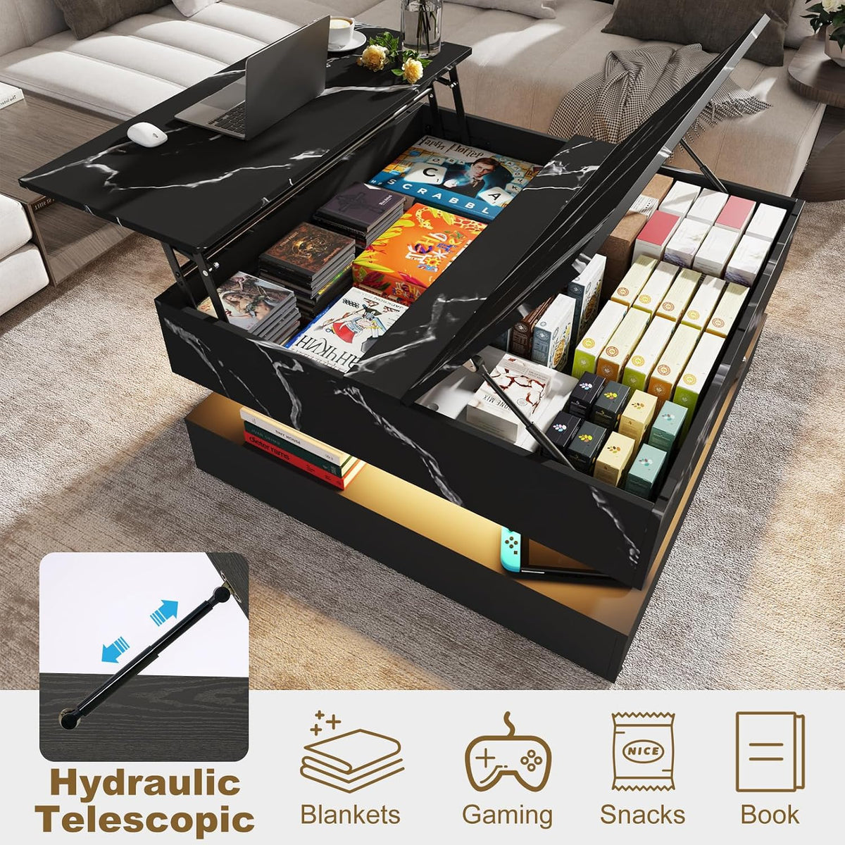 35.4' Large Square Coffee Table with Lifting top,Charging Station,Modern 2-Tier Square Center Table w/Hidden Compartment Storage,Tea Table with Wood Grain for Living Room, Office,Black Marble