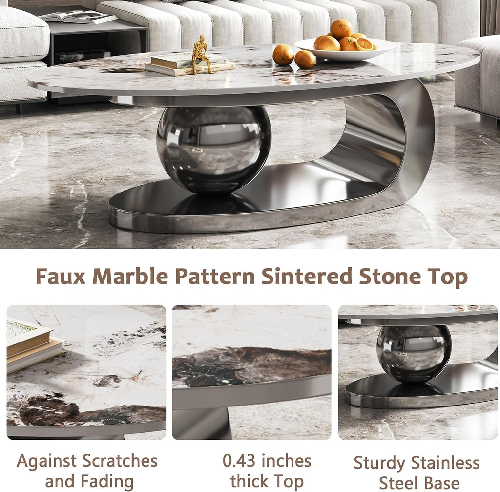 Henf Faux Marble Coffee Table for Living Room, 51 Inches Oval Imitation Marble Coffee Center Table with Silver Stainless Steel Base & Sintered Stone Tabletop