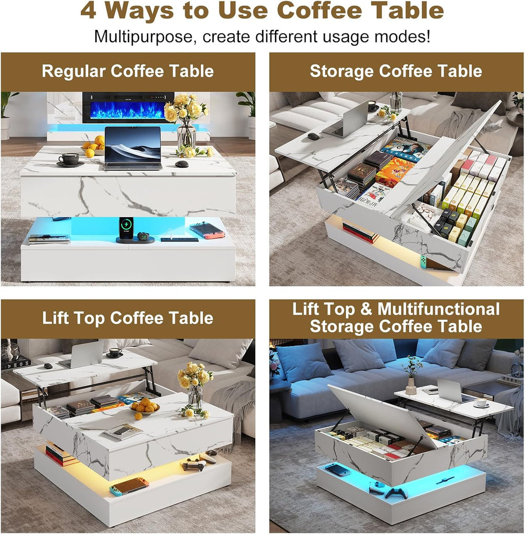 35.4' Large Square Coffee Table with Lifting top,Charging Station,Modern 2-Tier Square Center Table w/Hidden Compartment Storage,Tea Table with Wood Grain for Living Room, Office,White Marble