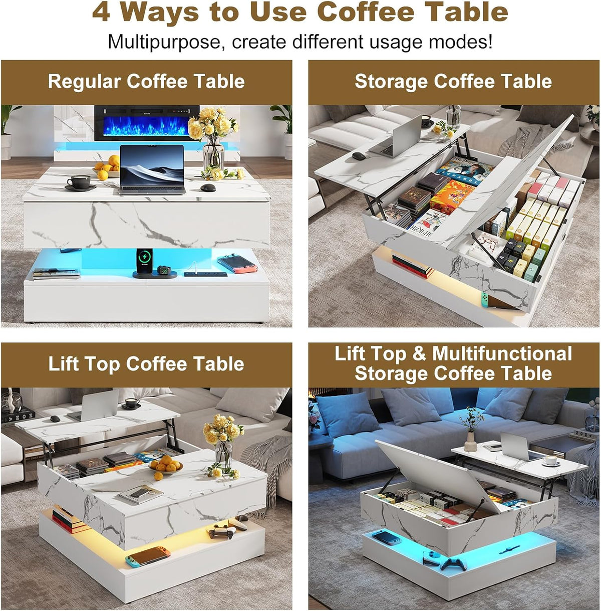 35.4' Large Square Coffee Table with Lifting top,Charging Station,Modern 2-Tier Square Center Table w/Hidden Compartment Storage,Tea Table with Wood Grain for Living Room, Office,White Marble