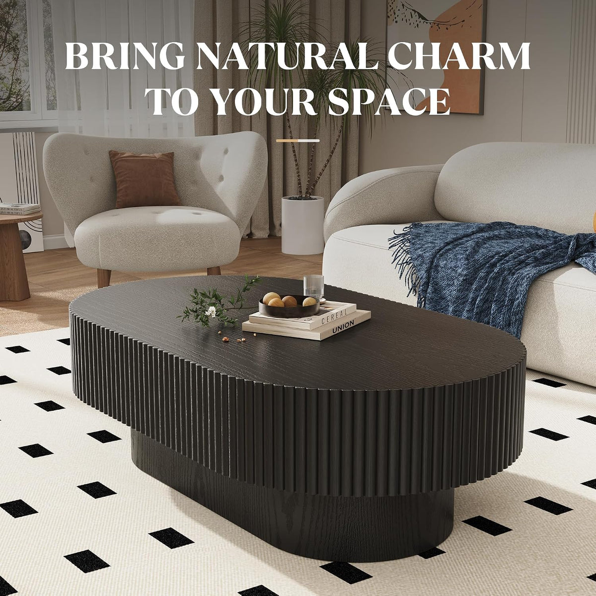 YOUDENOVA 43.7' Oval Coffee Table, Modern Wood Fluted Coffee Table for Living Room, Veneer Handcrafted Relief Center Table with Sturdy Pedestal，Easy Assembly - Black
