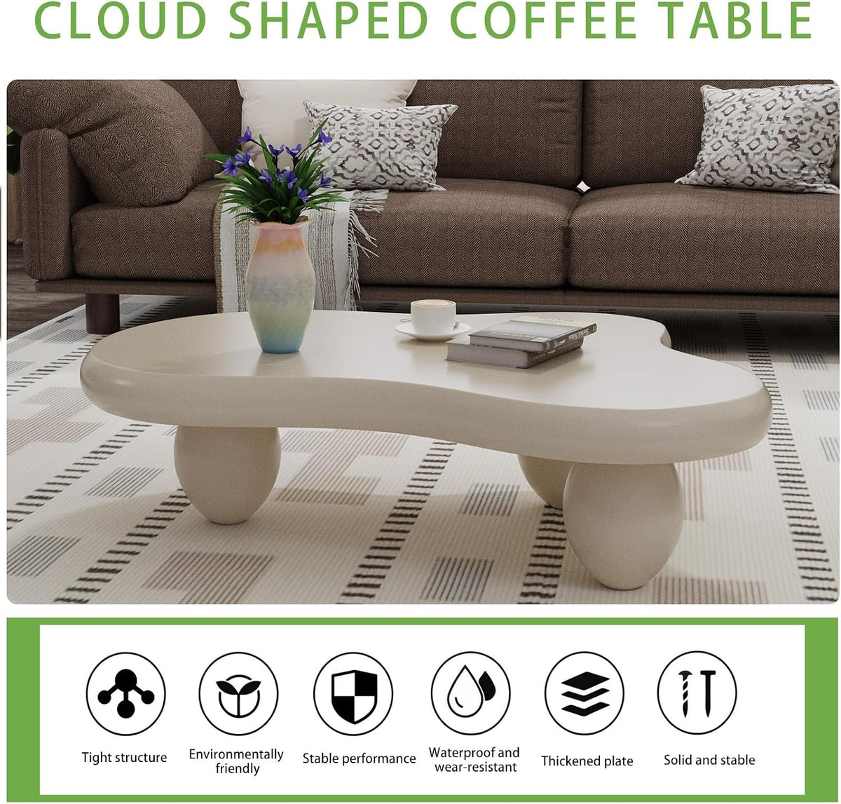 Cloud Coffee Table, Cute Irregular Coffee/Tea Table with Large Tabletop, Accent Cocktail Table, Cloud Shape Modern Coffee Table for Living Room, Office, Home Dec (C White 41.33 inch)