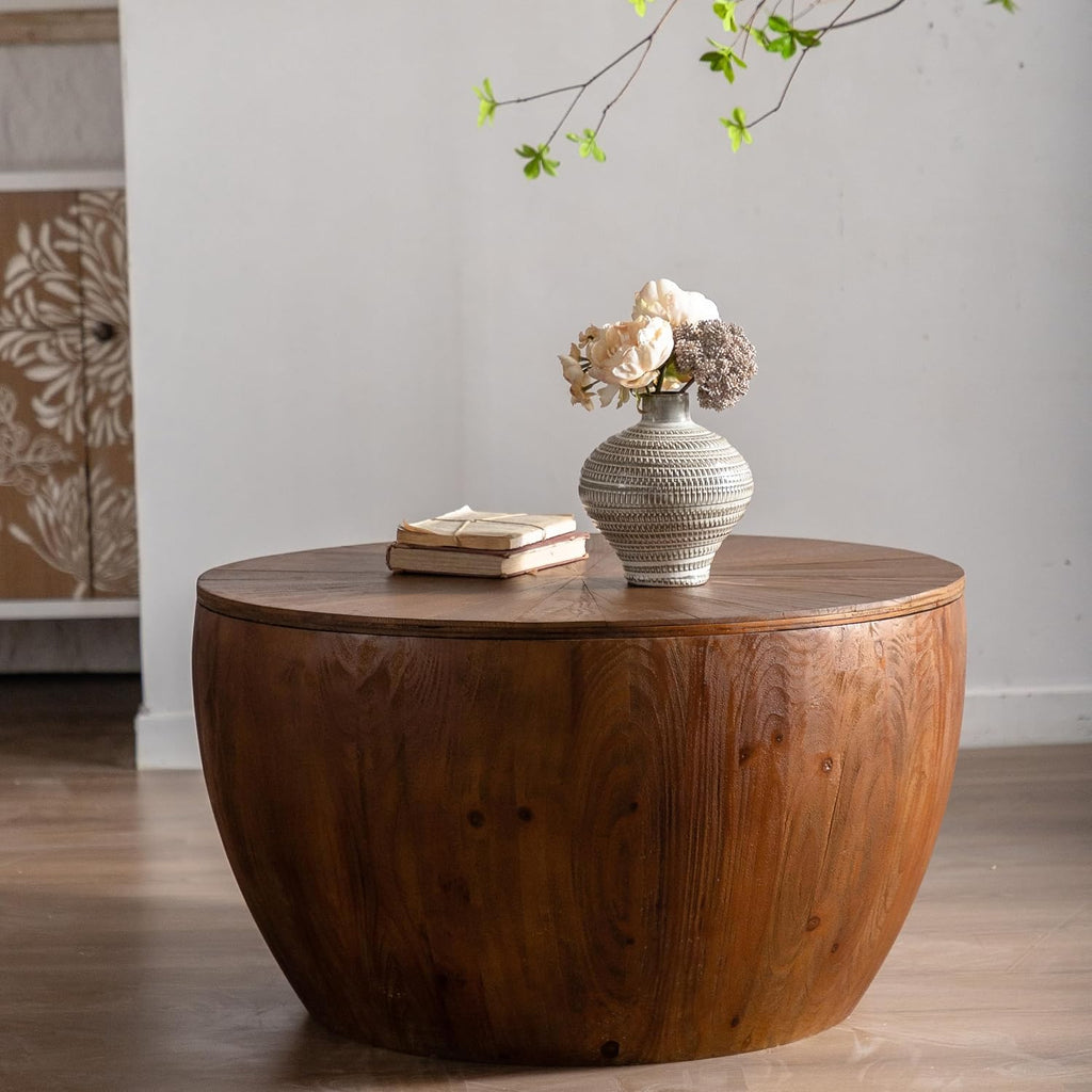 31.50' Round Wood Coffee Table, Retro Fashion Modern Coffee Table Splicing Design Side Cabinet Coffee Table, Wood Look Accent Furniture for Office, Dining Room and Living Room
