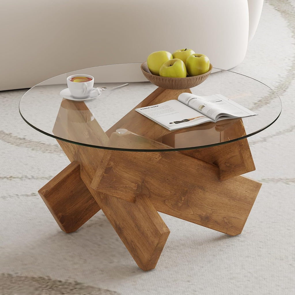 Glass Coffee Tables for Living Room Modern Elegant Round Coffee Table Mid Century Farmhouse Center Table with Wooden Base and Tempered Glass Tabletop, Easy Assembly,33.4 inch