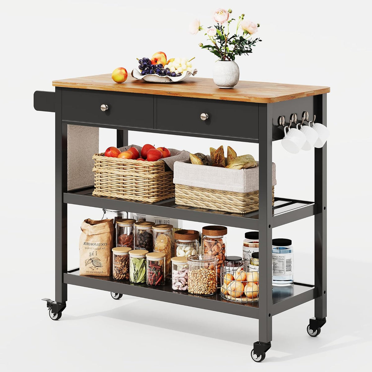 Gizoon Kitchen Island Cart with Storage, 40'' Wooden Top, 2 Tiers Spacious Shelves and Towel Bar, 2 Drawer Mobile Trolley Cart On Metal Wheels with Hooks for Dining Room, Bar, Outdoor, Black