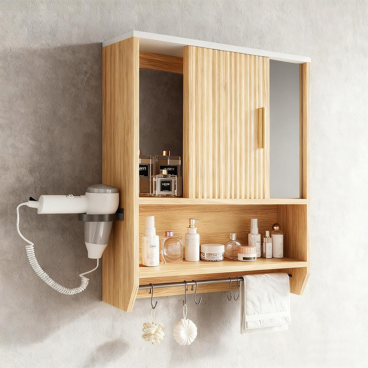 Bathroom Mirror Cabinet Wall Medicine Cabinet with Towel Bar/Hairdryer Holder/ 5 Hooks Over The Toilet Storage Cabinet for Bathroom Kitchen Laundry Room