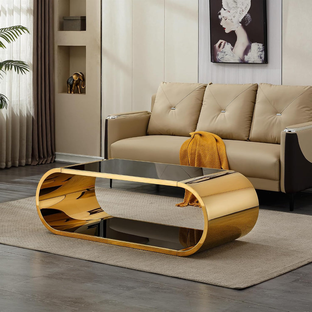 Luxrious Gold Coffee Table with Black Glass Top Living Room Tea Table with Gold Stainless Steel Base,57'