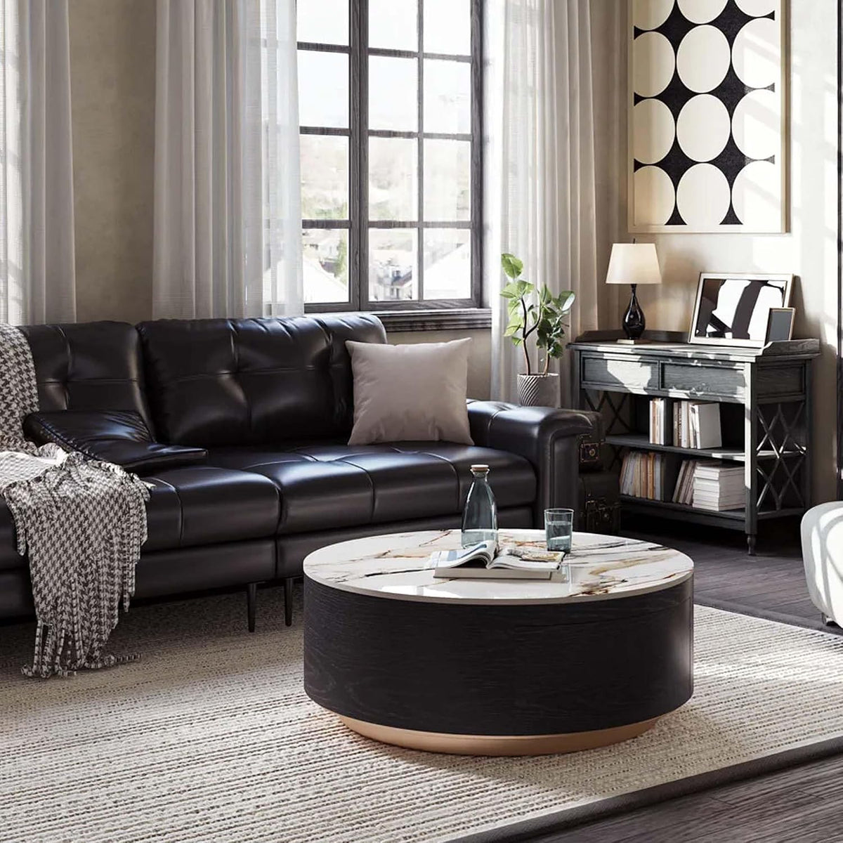 POVISON Modern Drum Coffee Table with Storage, Sintered Stone Top Round Coffee Table with Drawers, Oak Veneer, Fully Assembled, 39.37'