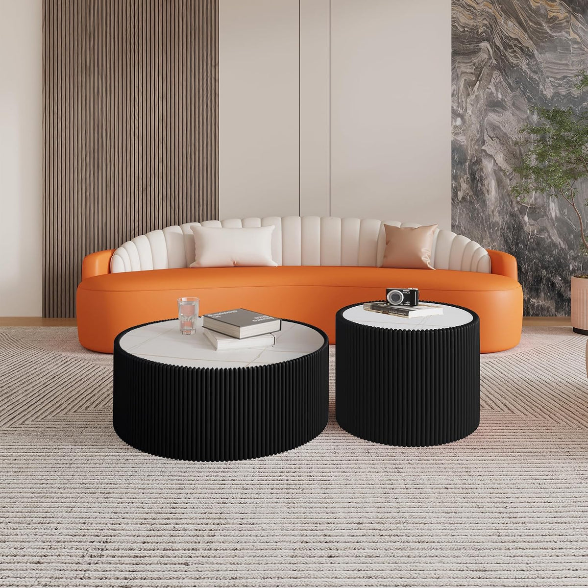 GDFStudio Modern Round Coffee Table, Luxury Sintered Stone Top Circle Coffee Table with PU Leather Drum Base, Creative Shape Small Tables for Living Room Side Tables, Fully Assembled, Black-Large