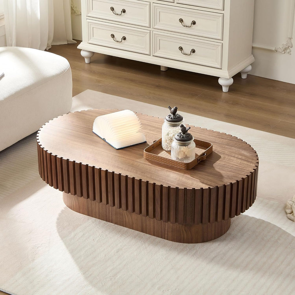 JUSTONE 43.7-Inch Oval Coffee Table, Farmhouse Solid Wood Drum Shape with Hand-Carved Relief, Living Room Apartment Décor, Walnut Finish, 43.7' L x13.7 H