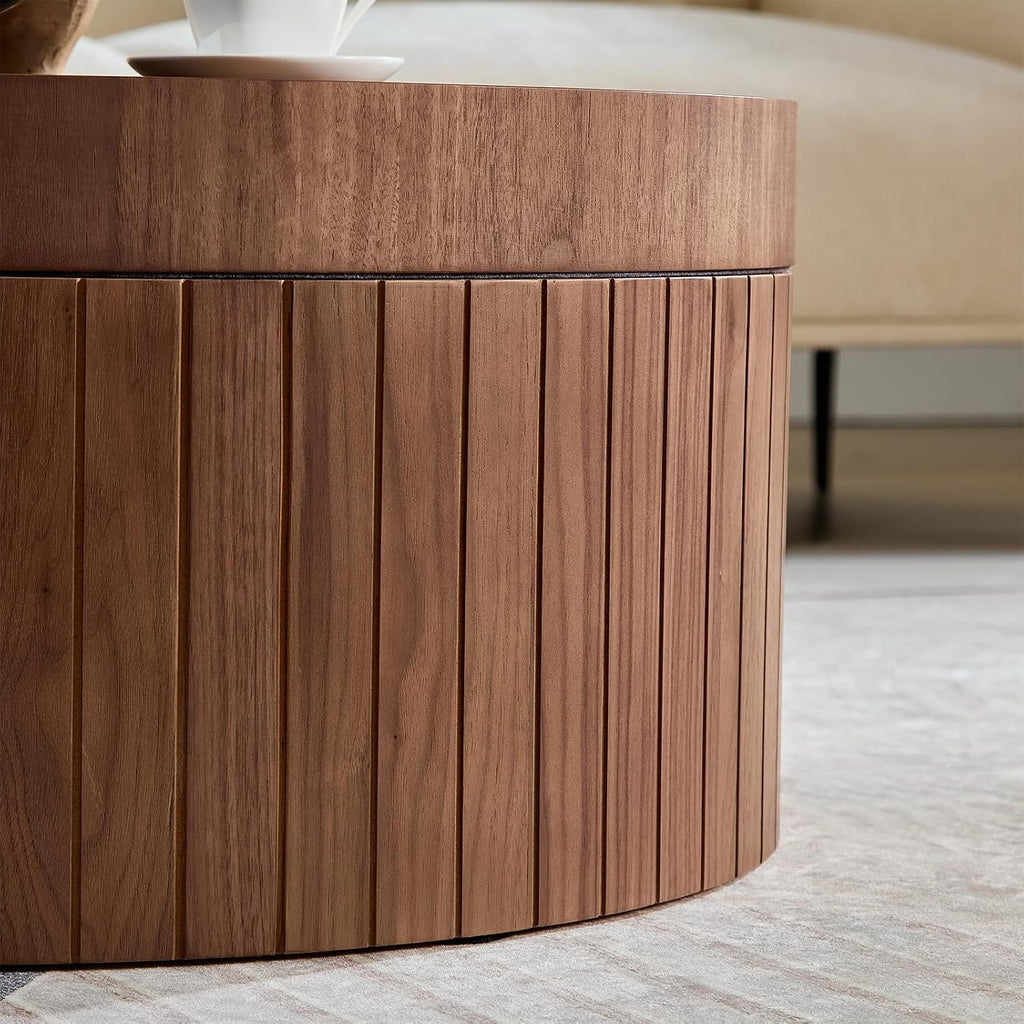 Modern Round Coffee Table with Storage, 31.49' Wooden Round Fluted Coffee Table, Circular Center Tables for Living Room Apartment, No Need Assembly, Walnut