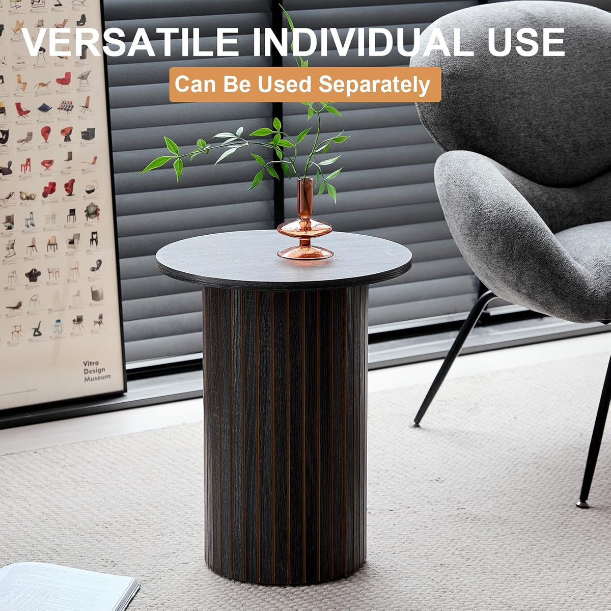 Round Nesting Coffee Tables Set of 2 -φ27.6 Large Short + φ15.8 Small Tall Boho Circle Side Tables with Fluted Drum Design, Black