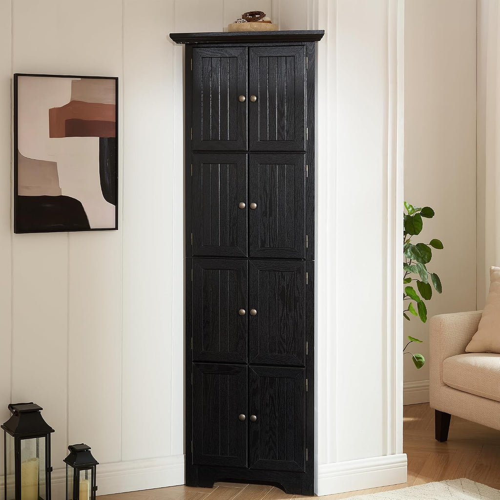72' H Farmhouse Corner Storage Cabinet with 8 Doors & 4 Shelves, 4 Tier Kitchen Corner Pantry Cabinet Wooden Organizer Case Bookshelf, Home Space Saver Cabinet for Kitchen,Living Room(Black)