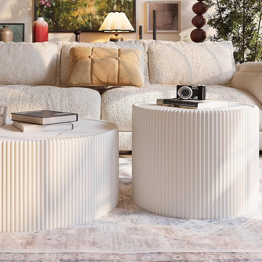 GDFStudio Modern Round Coffee Table, Luxury Sintered Stone Top Circle Side Table with PU Leather Drum Base, Creative Shape End Tables for Living Room Tea Tables, Fully Assembled, Milk White-Small
