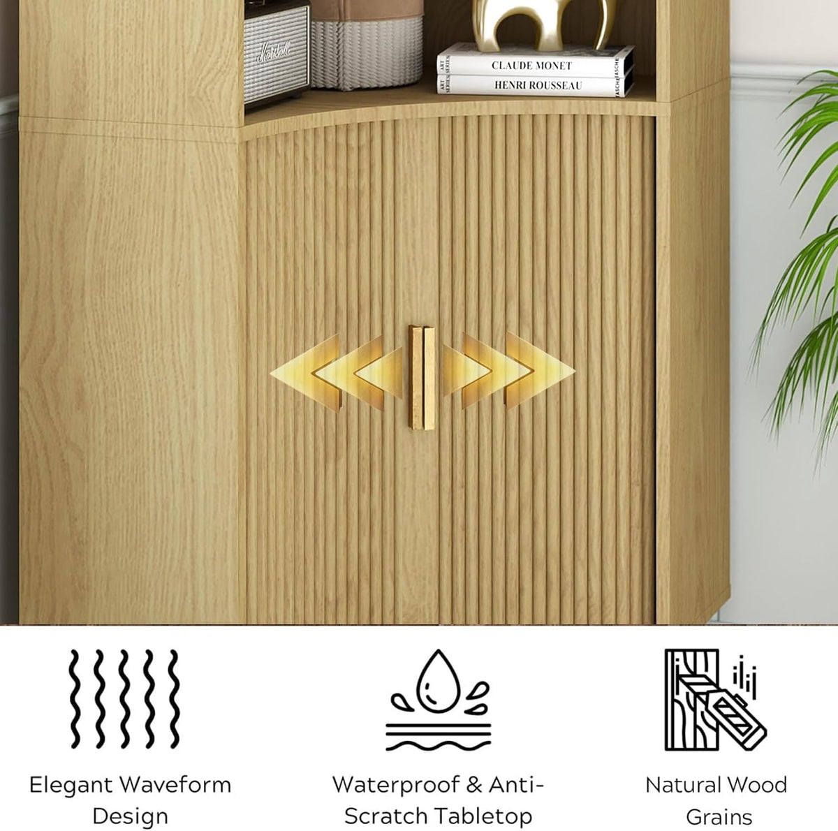 Fluted Corner Cabinet with Open Storage, Modern Floor Cabinets with Sliding Doors and 2-Tier Shelves, Freestanding Narrow Organizer for Small Space,Living Room, Dining Room,Natural