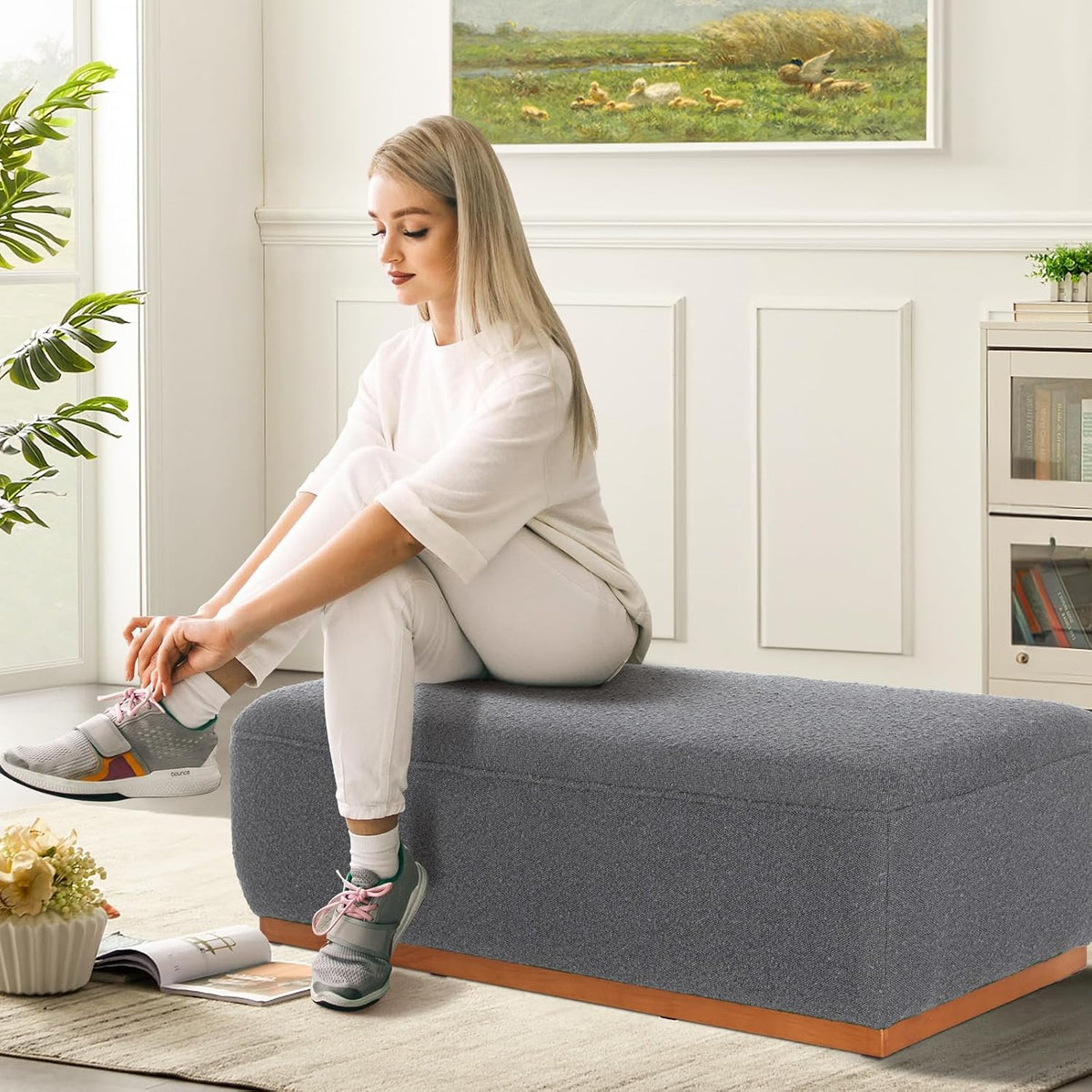 Rectangular Ottoman Coffee Table 30' Premium Fabric upholstered Coffee Table with high Density Foam and Solid Wood Frame, Stylish and Practical Living Room Furniture, Grey
