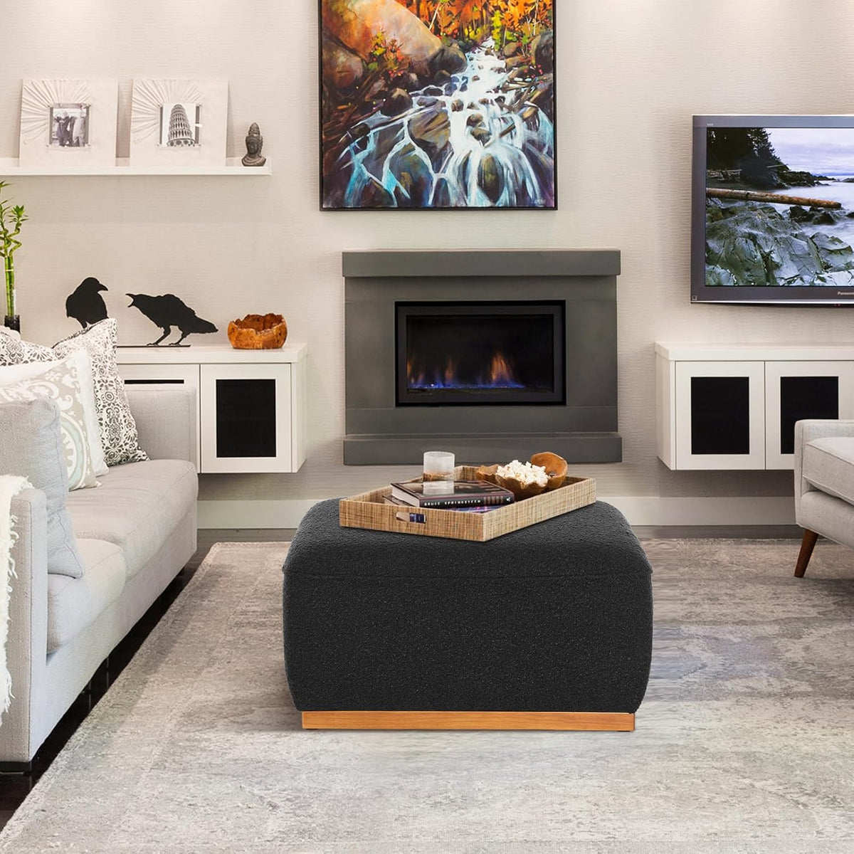 Square Ottoman Coffee Table 30' Premium Fabric upholstered Coffee Table with high Density Foam and Solid Wood Frame, Stylish and Practical Living Room Furniture, Black