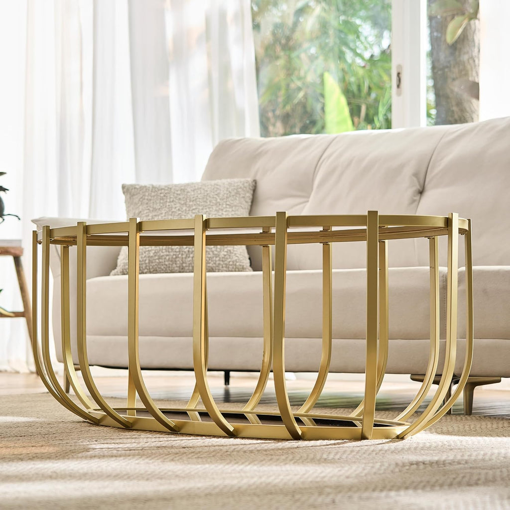Shrine Gold Oval Glass Coffee Table, Mid-Century Modern Design, 2-Tier Structure, Brown Glass Top and Shelf, 42.5' D x 22.8' W x 16.5' H, Glam Gold Metal Cage-Frame