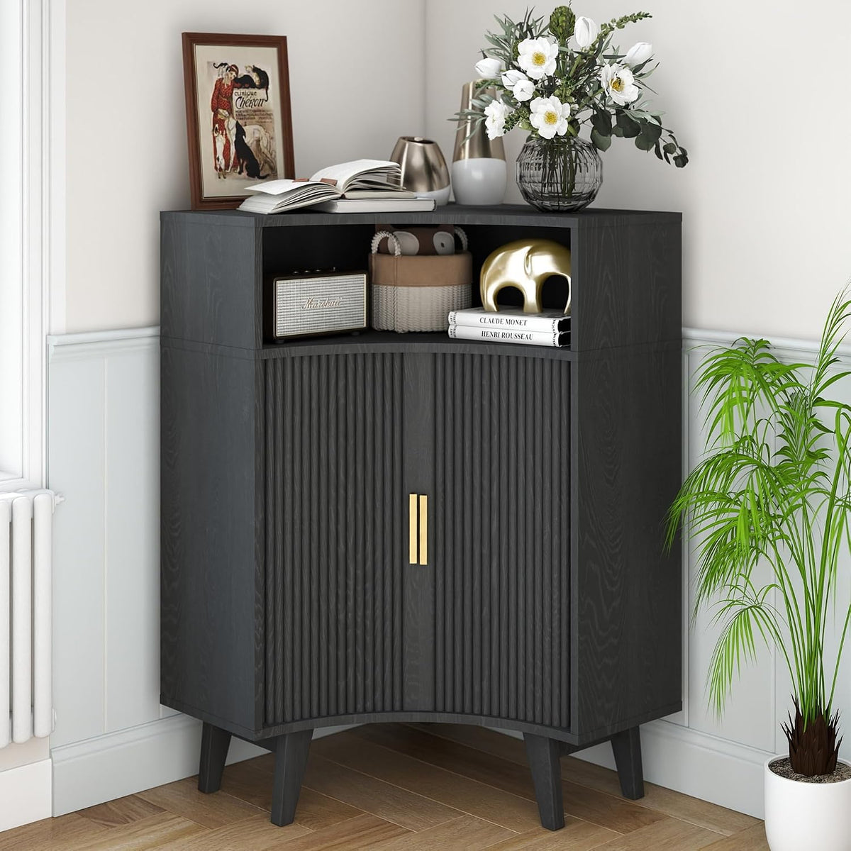 Fluted Corner Cabinet with Open Storage, Modern Floor Cabinets with Sliding Doors and 2-Tier Shelves, Freestanding Narrow Organizer for Small Space,Living Room, Dining Room,Black