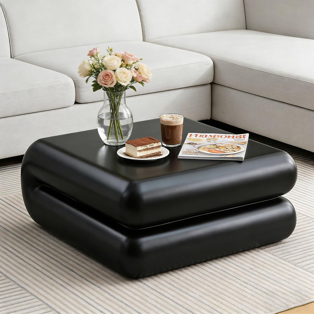 31.5' Modern Black Coffee Table, Stone Coffee Table, Square Minimalist Center Table, Contemporary Low Sofa Side Accent End Tea Table for Living Room Bedroom Apartment, No Assembly Required