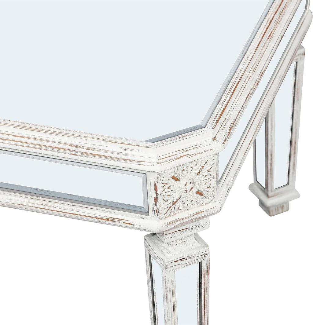 Modern Mirrored Coffee Table for Living Room Luxury Cocktail Center Table with Silver Mirror Finish Rectangular Small Coffee Table with Vintage Natural Carved Frame and Legs